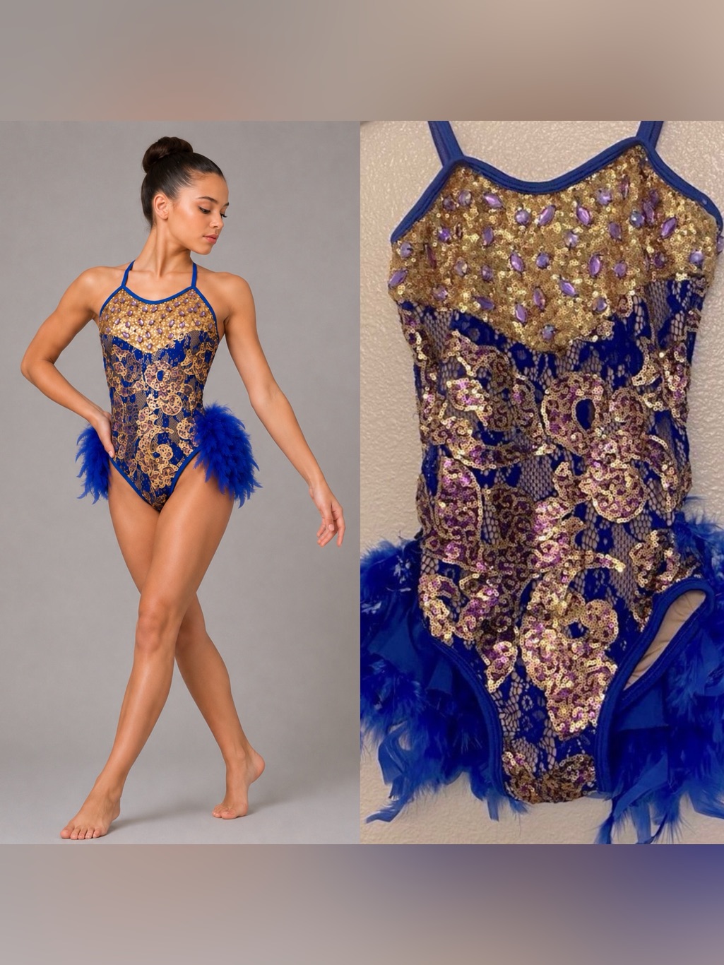 Glamour Solo Dance Costume Gold Sequin Blue Feather Salsa Jazz Sassy Mc Child